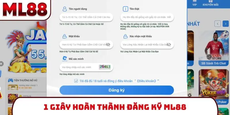 1 giây hoàn thành đăng ký ML88