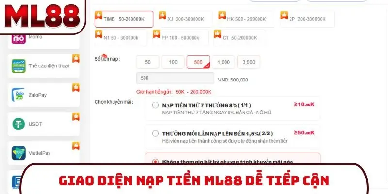 Giao diện nạp tiền ML88 dễ tiếp cận