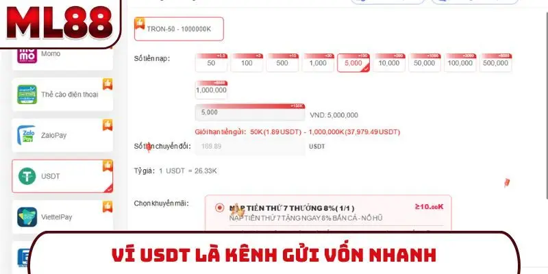 Ví USDT là kênh gửi vốn nhanh
